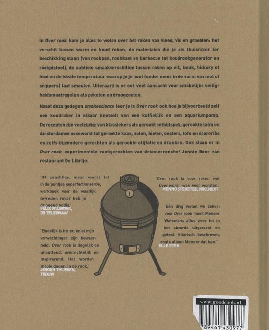 Boek "Over Rook" met illustraties van een smoker, grill, worstjes en een aansteker.