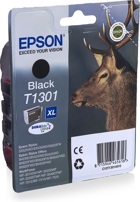 Zijkant van verpakking met Epson T1301 XL zwarte inktcartridge. Bevat een hert met gewei op de voorgrond en de tekst 'EPSON Black T1301 XL DURABrite Ultra INK'.