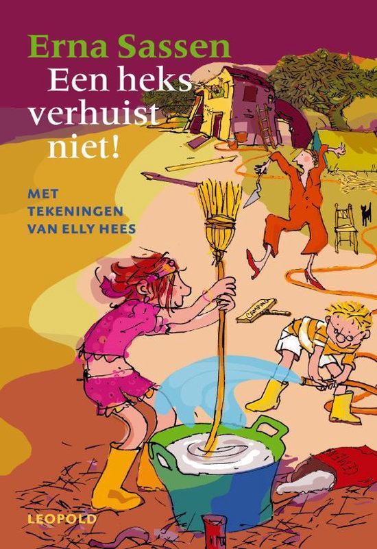 Boekcover: Een meisje met een bezem veegt een emmer leeg, een jongen met een tuinslang, een huis en een boom met een tent.