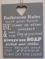 Tekstbord bathroom rules grijs