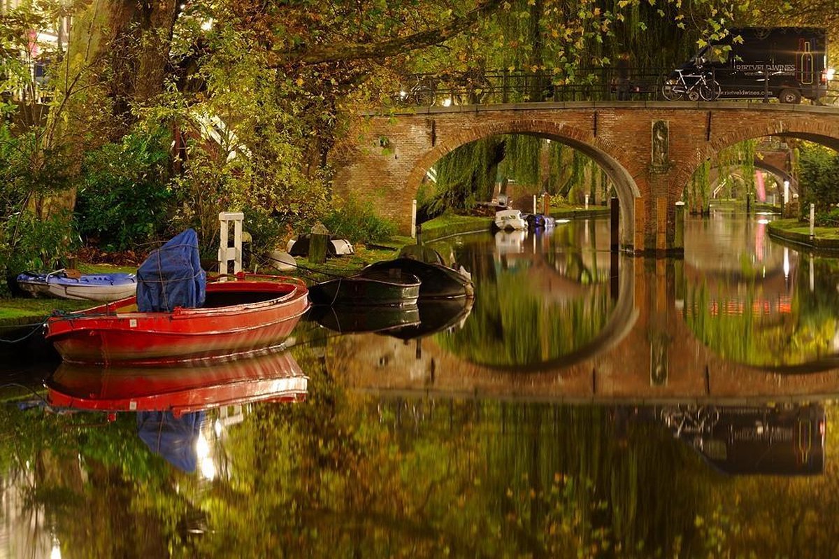 Poster Donker Utrecht - Oudegracht met Geertebrug - 60 x 40 cm - glanzend papier