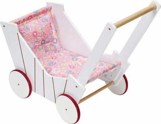 Houten Poppenwagen Voor Babypoppen Tot 54 Cm – Robuust MDF, Schuifhoogte 43 Cm, Rubberen Banden, Stoffen Zitting, Voor Kinderen Vanaf 3 Jaar