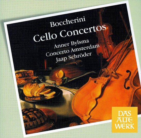 CD-hoes met de titel 'Boccherini Cello Concertos'. Een cello, viool en een stilleven met brood en gebak.