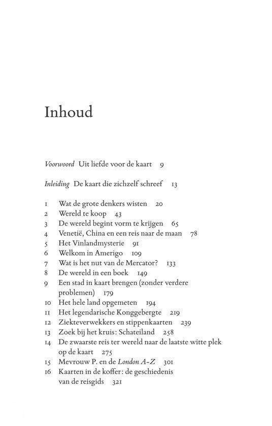 Inhoudsopgave met 16 hoofdstukken over kaarten en reizen, waaronder 'De wereld begint vorm te krijgen' en 'Het Vinlandmysterie'.