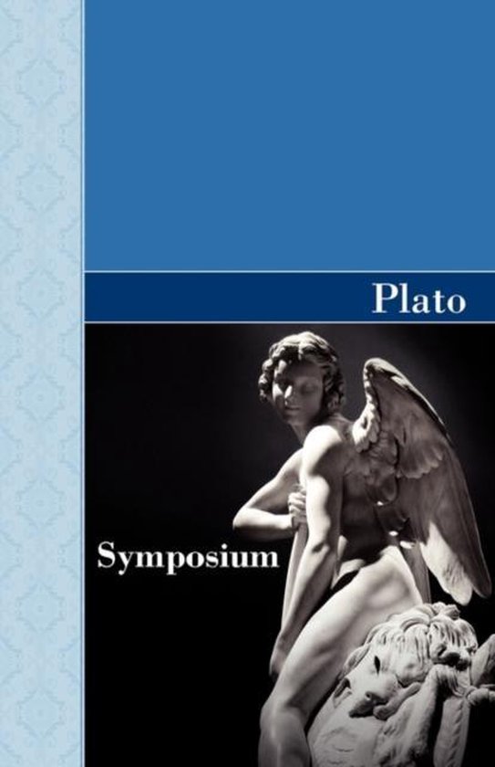 Een sculptuur van een gevleugelde figuur, zittend op een leeuw, met de tekst "Symposium" en "Plato".