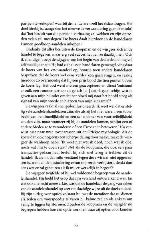Boekpagina met tekst over de handel, speculatie en de beurs. Bevat paginanummer "12".