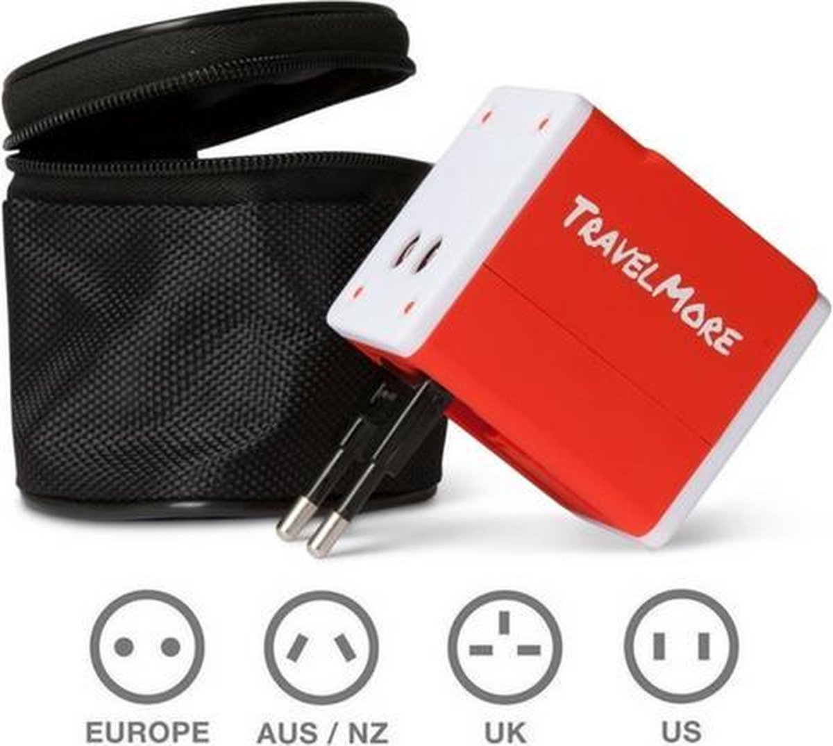 TravelMore  Universele Wereldstekker met 2 USB Poorten – Rood - Internationale Reisadapter Voor meer dan 150 landen - Engeland - Amerika - Australië - Azië - Zuid Amerika - Reis Adapter Stekker – Reisstekker – Wereldadapter – Travel Verloopstekker - TRVLMORE