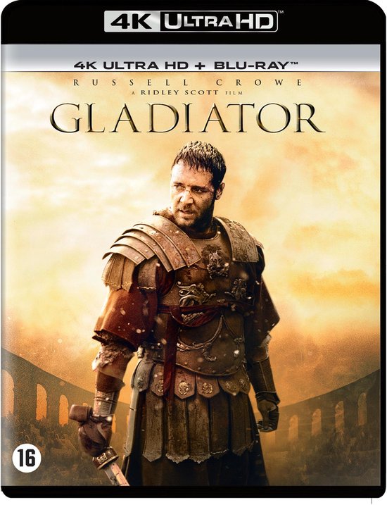 Russell Crowe als gladiator in Romeinse bepantsering, met 'Gladiator 4K Ultra HD + Blu-ray' erop.