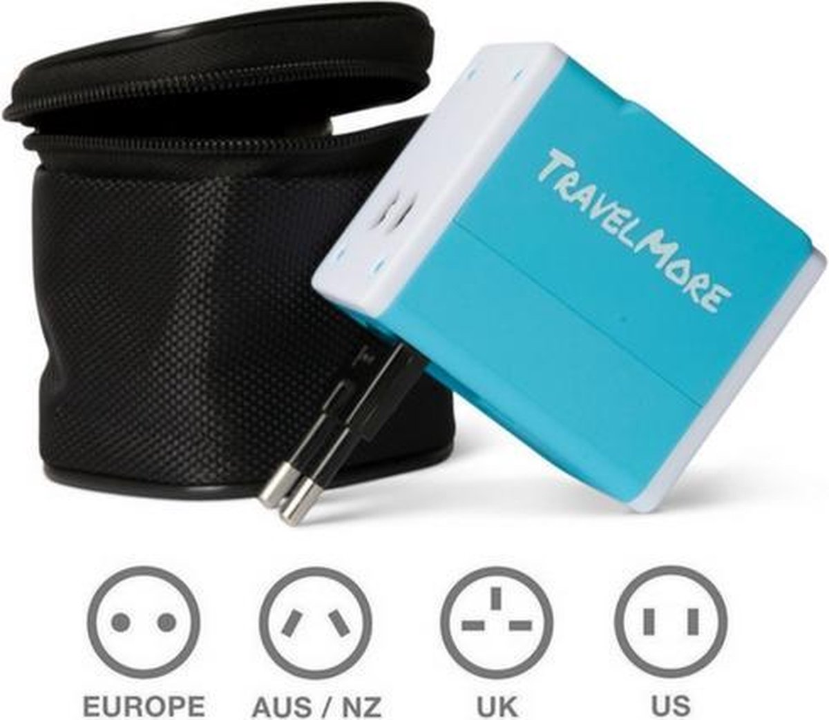TravelMore Universele Wereldstekker met 2 USB Poorten – Blauw - Internationale Reisadapter Voor meer dan 150 landen - Engeland - Amerika - Australië - Azië - Zuid Amerika - Reis Adapter Stekker – Reisstekker – Wereldadapter – Travel Verloopstekker - TRVLMORE