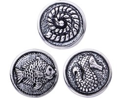 Quiges - Chunk 18mm Click Button Drukknoop Zee Set van 3 Stuks Dieren Zilverkleurig Vis Zeepaard & Fossiel - EBCMSET009