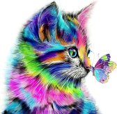 Diamond painting gekleurde kat met vlinder