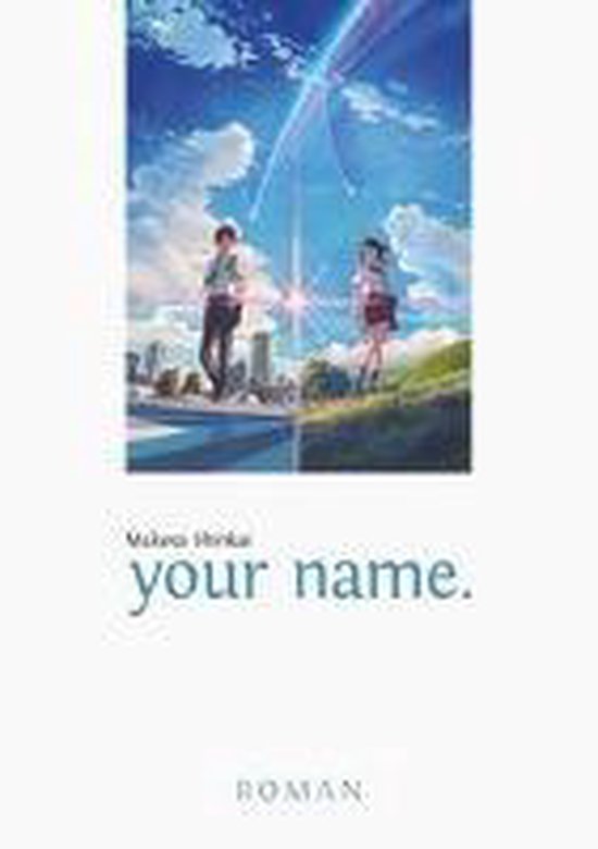 Jongeman en jongedame staan gescheiden door een lijn, met een komeet in de lucht. Titel: your name. Roman.