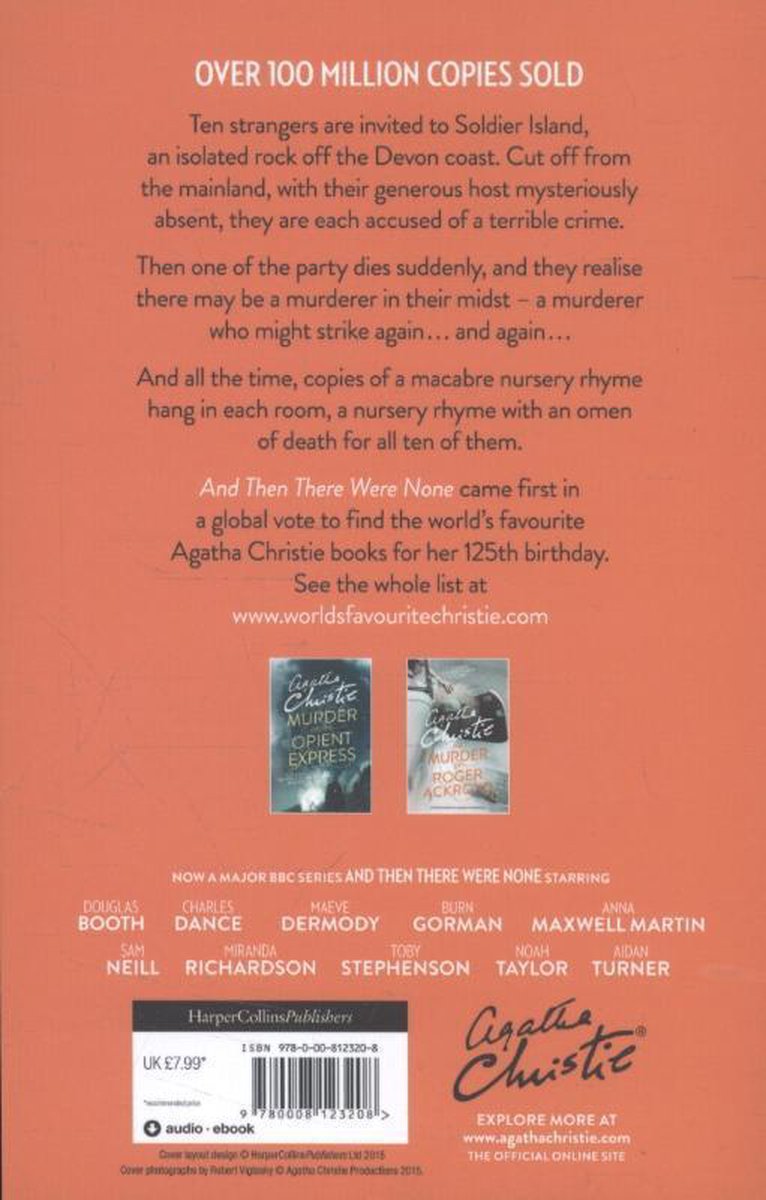 Boekcover van 'And Then There Were None', met tekst over Agatha Christie en de cast van de BBC-serie.