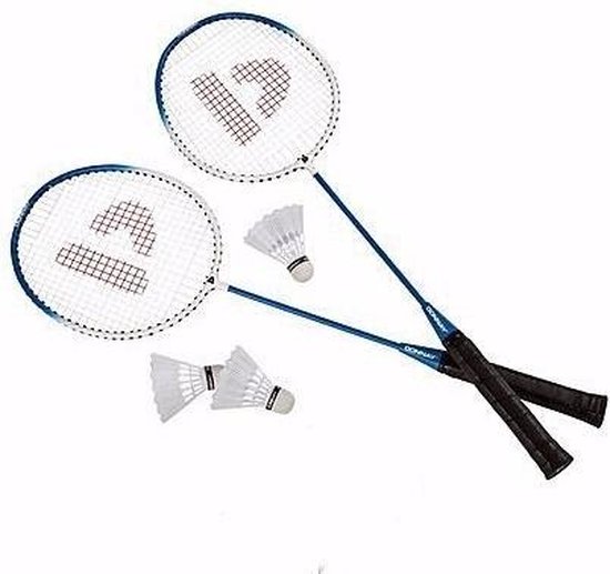 Blauwe badmintonrackets met shuttels