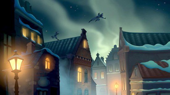 Twee ninja-achtige figuren rennen over de daken van een winterse stad met noorderlicht aan de hemel.