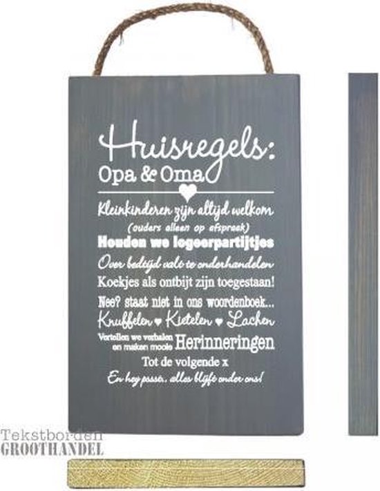 S190 Huisregels opa en oma greywash wit steigerhouten tekstbord.