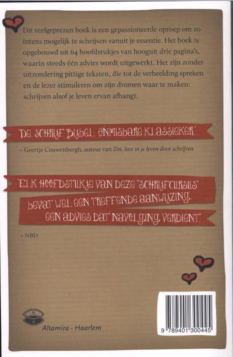 Achterkant boek met tekst in rode banners en een hartje.