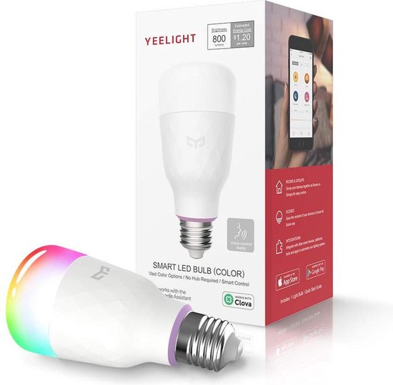Yeelight Smart RGB Led Lamp - WiFi - Geen Aparte Hub Nodig - Regelbaar Via Elke Smartphone - Gemakkelijk Regelbaar Via Gratis App - Sfeerlampen - Energiezuinig - E27 Fitting - Slimme Lamp - IFTTT - Google assistant ondersteuning - Alexa ondersteuning