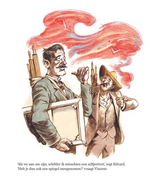Twee schilders met schilderspullen. Een rookwolk met vogels en vlammen boven hun hoofd. Een man rookt een pijp.