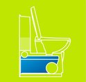 Schematische tekening van een chemisch toilet met de blauwe vloeistof in de tank.