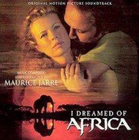 Omslag van de soundtrack "I Dreamed Of Africa" met een vrouw en man, en een olifant bij zonsondergang.