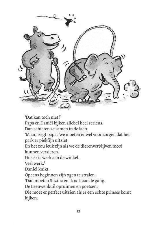 Pagina 12 met een nijlpaard en een olifant die touwtje springen.