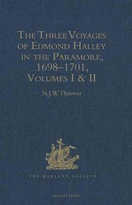 Donkerblauw boek met de titel 'The Three Voyages of Edmond Halley' en een illustratie van een historisch schip.