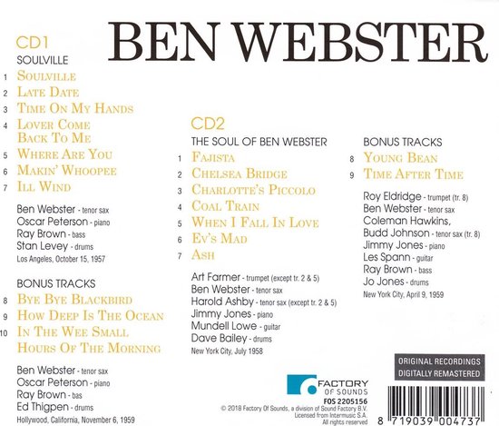 Soulville/The Soul of Ben Webster, Ben Webster CD (album) Muziek bol