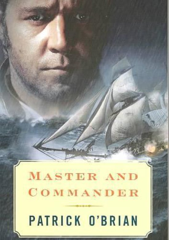 Livre 'Master and Commander' montrant un homme au premier plan et un voilier sur les vagues en arrière-plan.