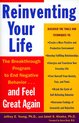 Boek "Reinventing Your Life" met de ondertitel "The Breakthrough Program to End Negative Behavior ... and Feel Great Again". Blauwe, rode en gele tekst op een witte achtergrond.