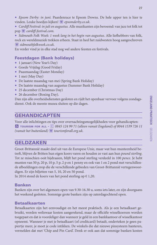 Pagina 27 van de Trotter gids met informatie over feesten, gehandicapten, geldzaken, banken en betaalkaarten.
