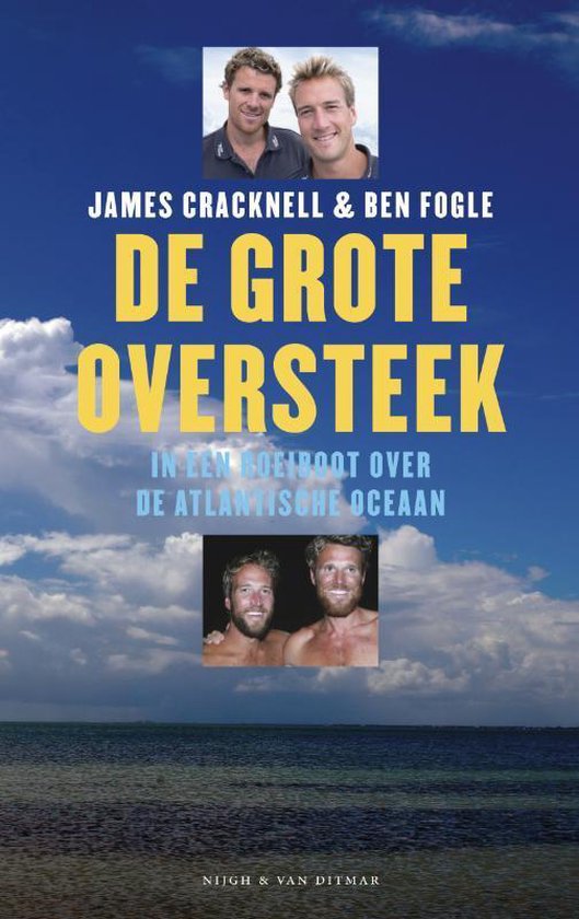 Boekomslag met James Cracknell en Ben Fogle, met de titel 'De Grote Oversteek'.
