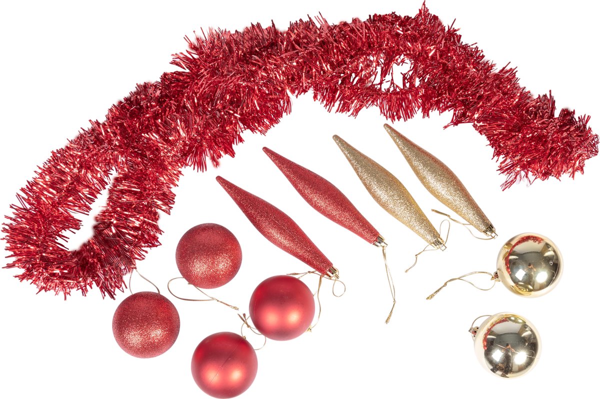 MaxxHome Kerst decoratie set - Kerstballen rood - kerstversiering - Kerstslinger goud - Dennenappels