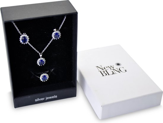 New Bling Gift Set 9NB SET009 58 Ensemble de Bijoux - Boucles d' Boucles d'oreilles en argent 6x8 mm Collier 40 + 5 cm Taille de Ring 58 - Solitaire Zirconia stone - Argenté / Blauw