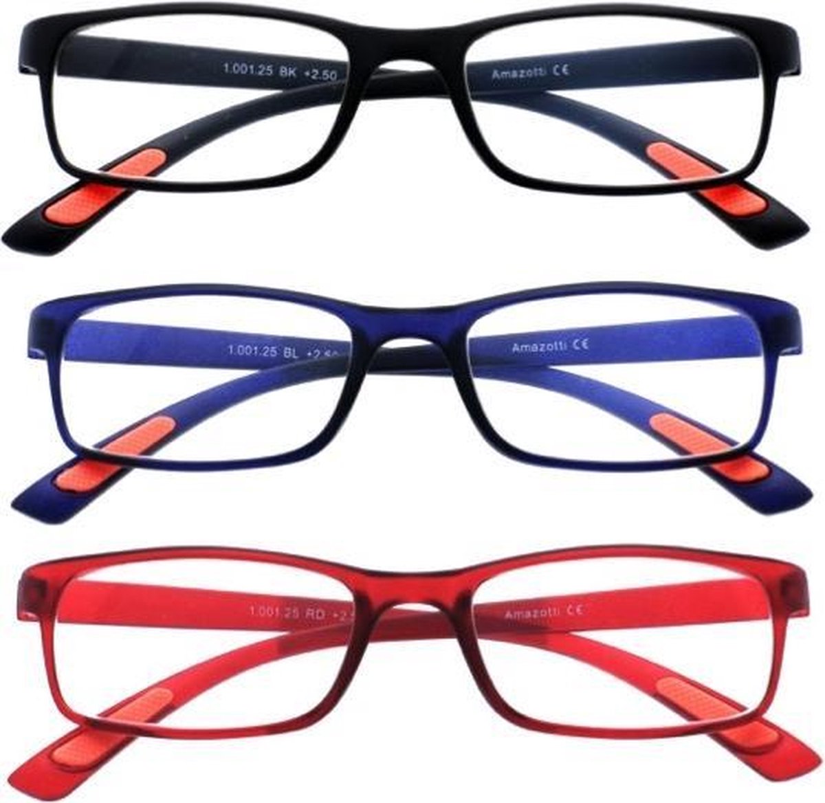 Amazotti Milano Leesbrillen Sterkte +2.50 - Set van 3+1 Extra - Zwart, Blauw, Rood - Leesbril voor Heren en Dames