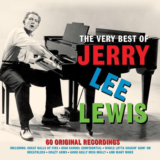 Albumhoes met Jerry Lee Lewis die piano speelt. Tekst: THE VERY BEST OF JERRY LEE LEWIS 60 ORIGINAL RECORDINGS.