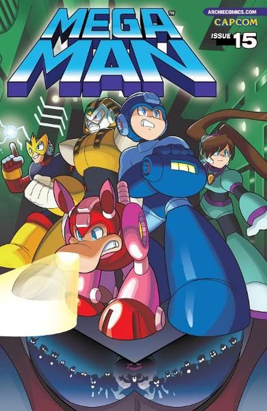 Mega Man comic editie 15, met Mega Man, Rush, Proto Man en andere personages in een dynamische pose.
