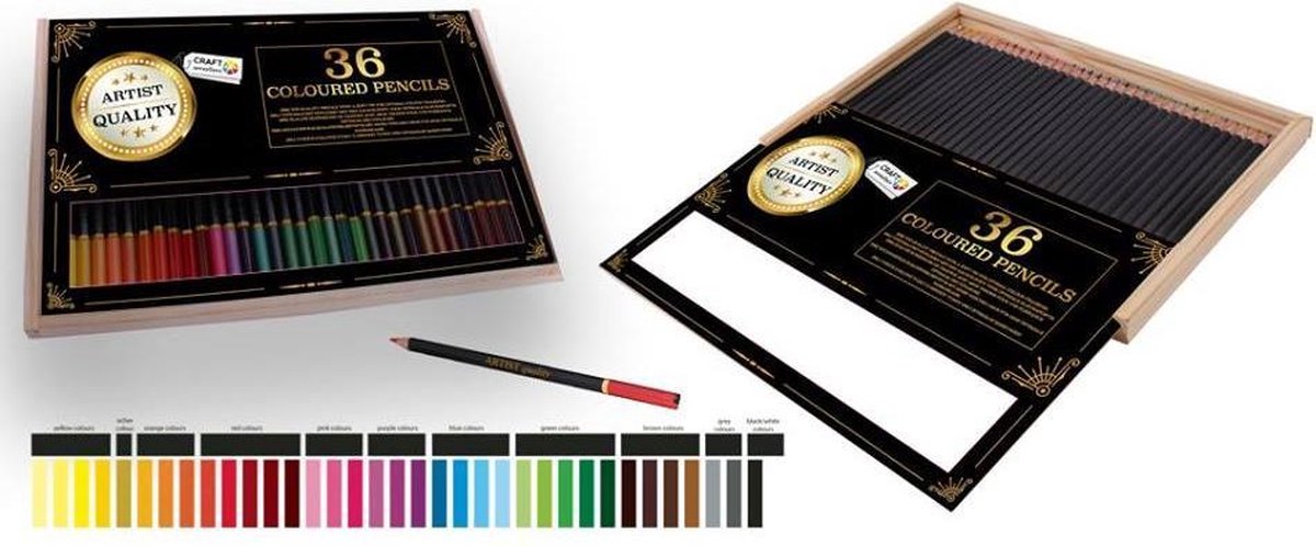 36 Professionele Kleurpotloden in Houten Opbergdoos| Coloured Pencils | Potlood Met Zachte Punt | Optimale Kleurafgifte | Kleuren | Tekenen | Inkleuren - Craft Sensations