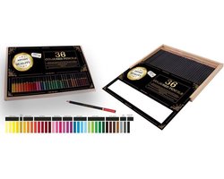 foto van 36 Professionele Kleurpotloden in Houten Opbergdoos| Coloured Pencils | Potlood Met Zachte Punt | Optimale Kleurafgifte | Kleuren | Tekenen | Inkleuren