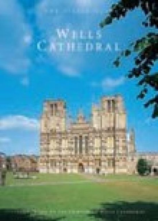 Boek met de titel Wells Cathedral. De voorkant toont de kathedraal onder een blauwe lucht.