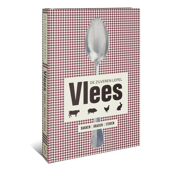 Boek "De Zilveren Lepel Vlees" met een grote lepel en tekst "Vlees" en afbeeldingen van een koe, varken, kip en konijn.