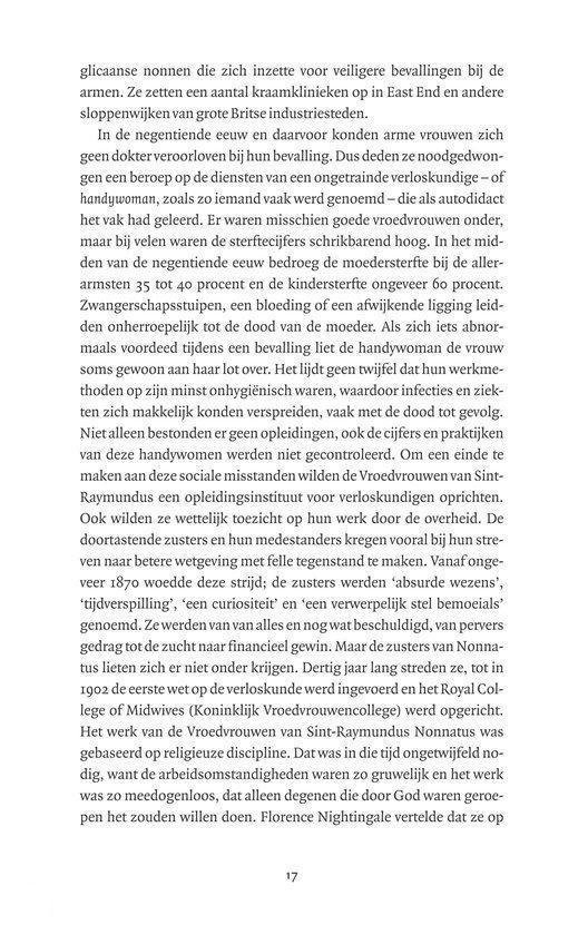 Pagina uit een boek met tekst over de geschiedenis van vroedvrouwen in de 19e eeuw in East End.