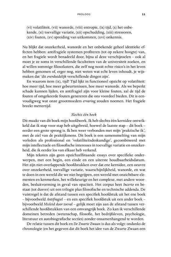 Pagina 11 van het boek 'Proloog' met tekst over volatiliteit, entropie en de Zwarte Zwaan.