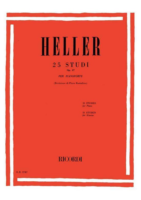 Muziekblad met rode kaft met de titel 'HELLER 25 STUDI Op. 47 PER PIANOFORTE (Revisione di Piero Battalino)'