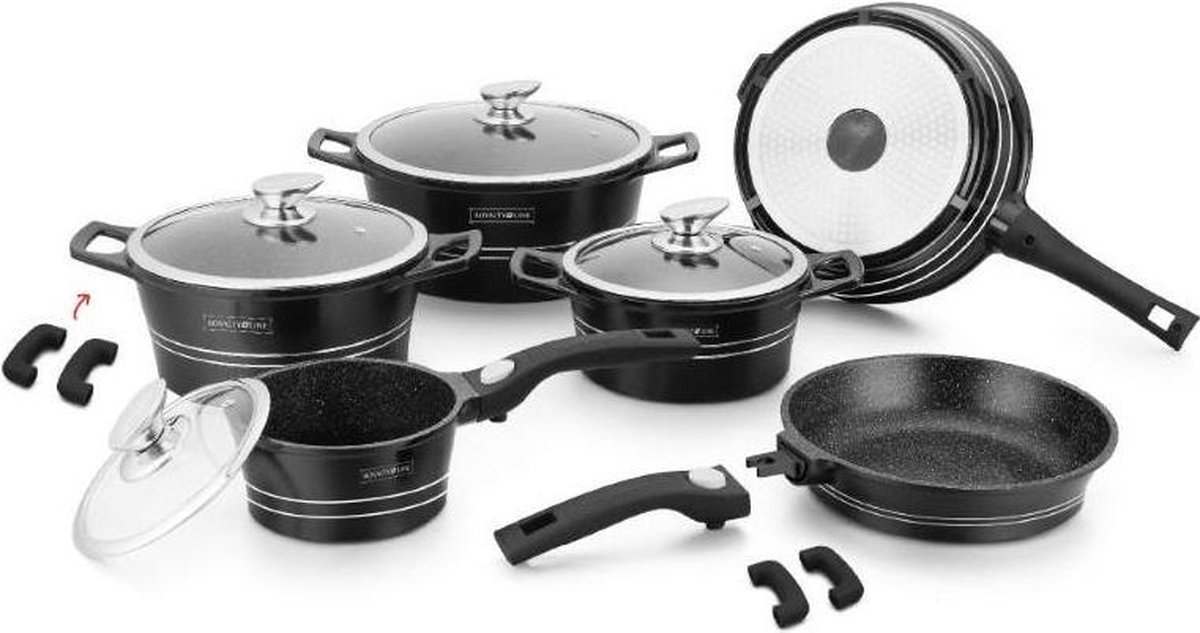 La Moustache - Set van 3 Koekenpannen 20/24/28 cm, Gegoten Aluminium met Antiaanbaklaag voor alle Soorten Fornuizen, zelfs Inductie, PFOA-Vrij, Anti- Verbrandingshandgrepen (Ducane