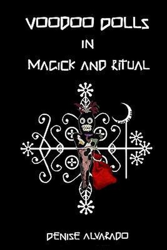 Boekomslag: "Voodoo Dolls In Magick And Ritual" met een voodoo-pop en symbolen.