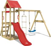 WICKEY speeltoestel klimtoestel TinyPlace met schommel en rode glijbaan, outdoor speeltoestel voor kinderen met zandbak, ladder & speelaccessoires voor de tuin