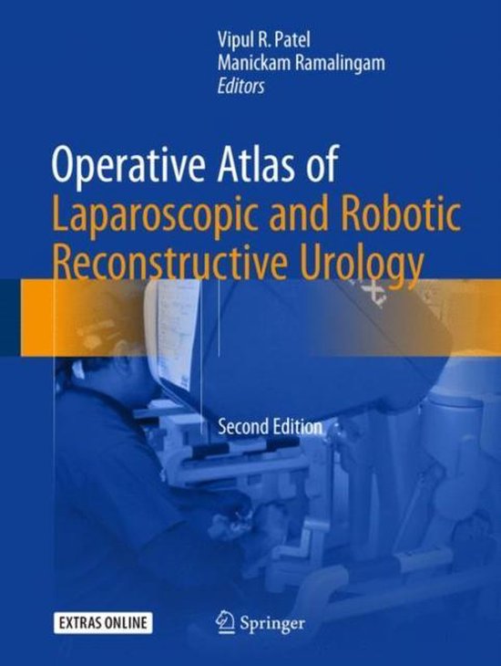 Boek "Operative Atlas of Laparoscopic and Robotic Reconstructive Urology", tweede editie, met een afbeelding van een chirurg die een robotische operatie uitvoert.