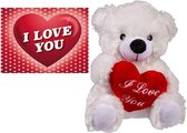 Witte pluche knuffelbeertje met hart 22 cm en romantische valentijnskaart