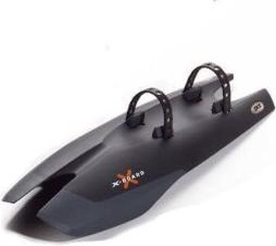 Zwart SKS X-board spatbord met oranje logo en grijze bevestigingsbanden.